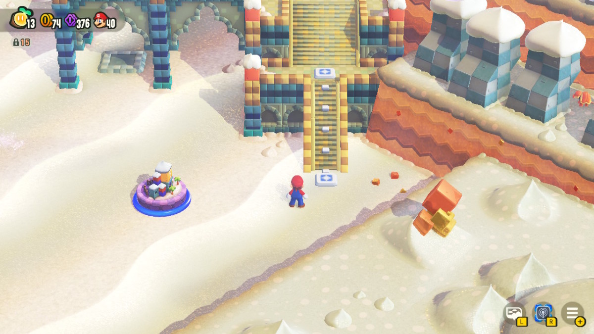 Stairs in World 4 of Super Mario Bros. Wonder, west of the sandy open area.